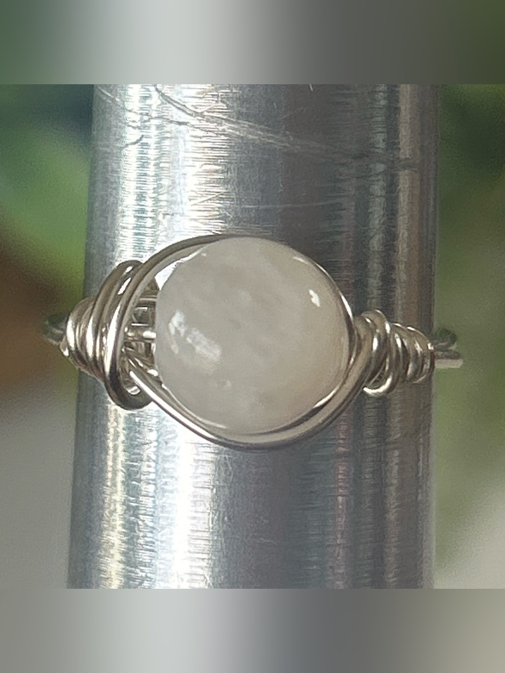 Handmade silver tone moonstone wire wrapped crystal ring size 7